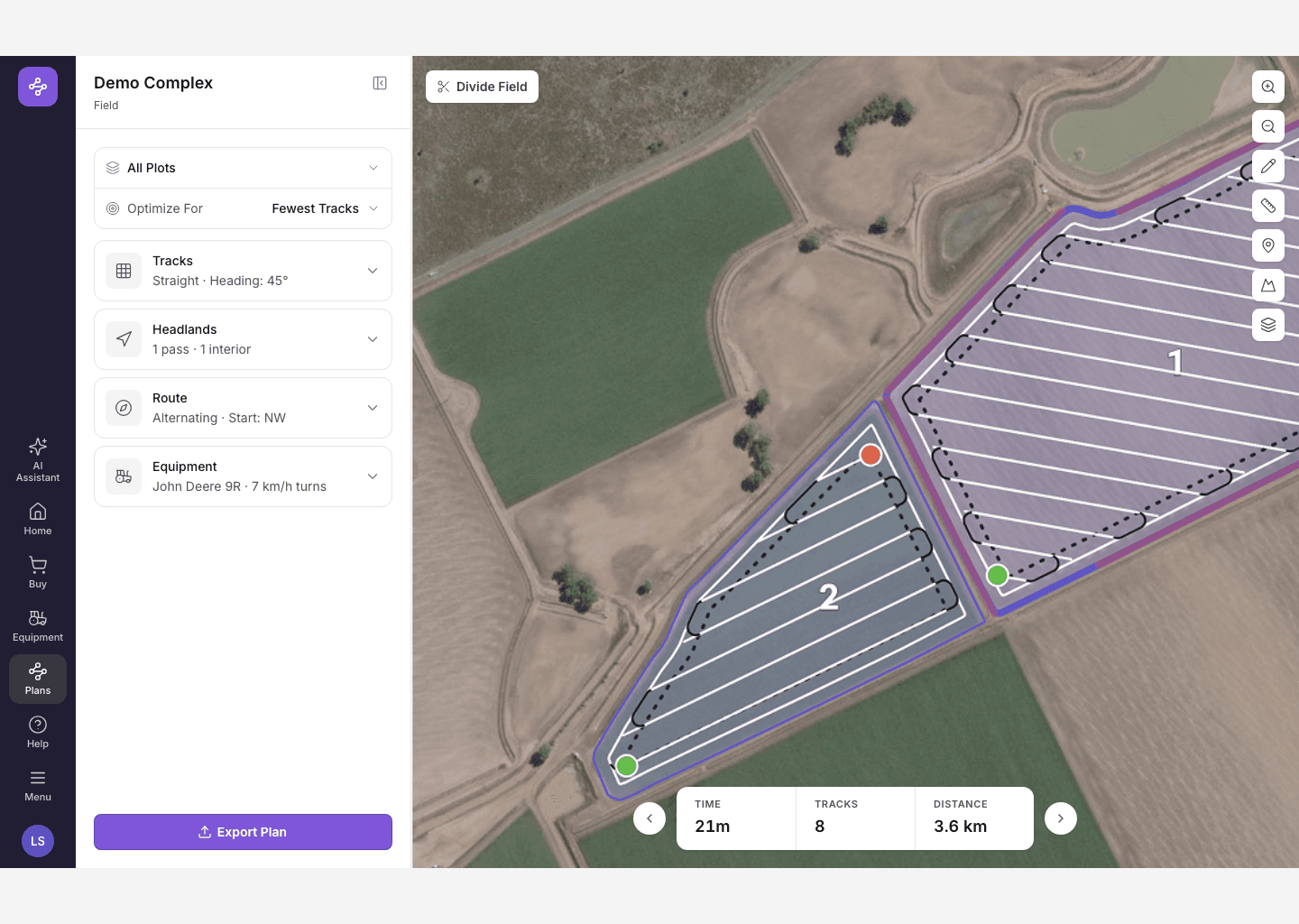 The redesigned results screen: the plan on the map, its settings in an accordion, and time, tracks and distance under it.