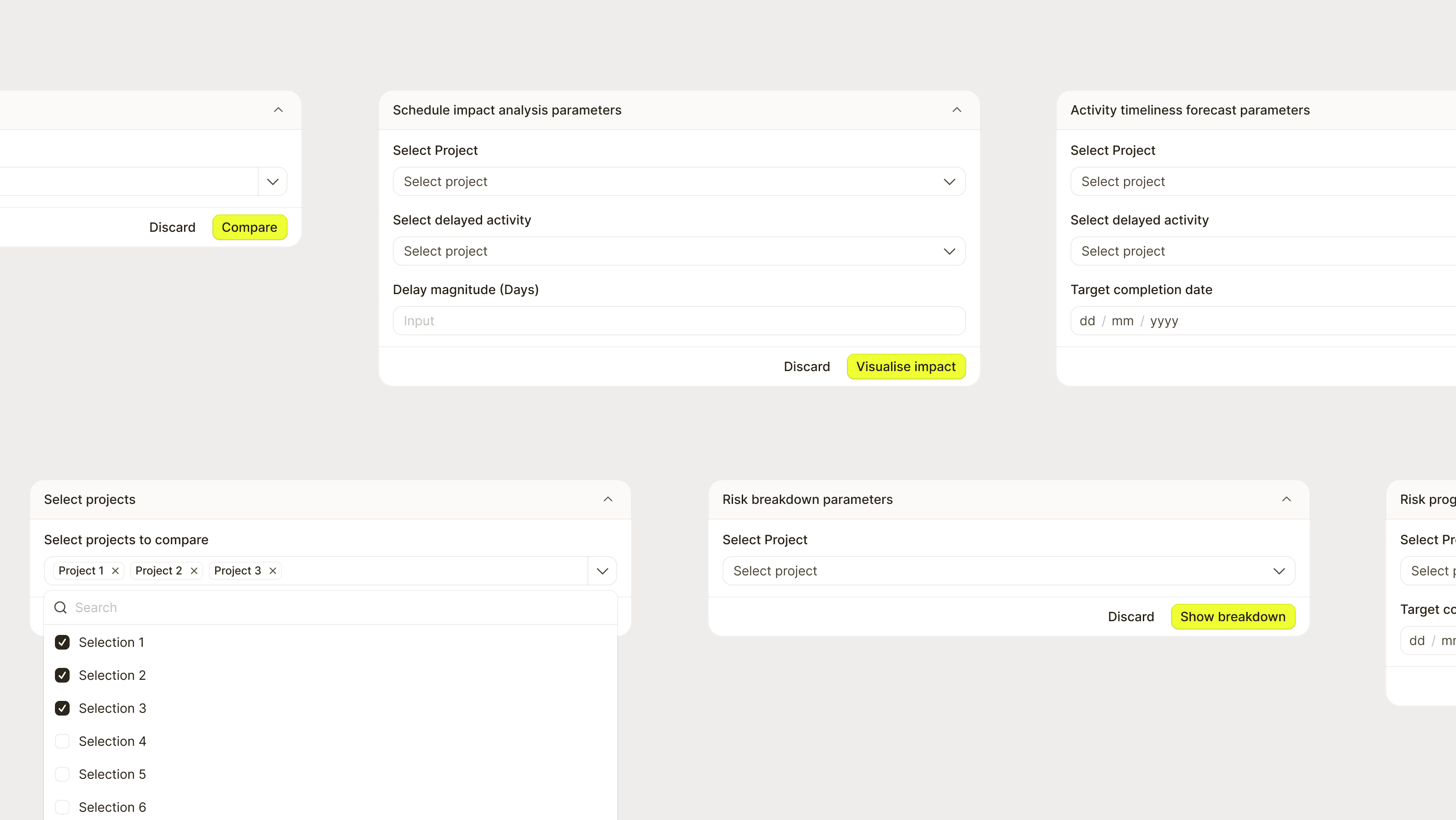 Parameter forms for four agent runs — schedule impact, timeliness forecast, risk breakdown and project comparison — each asking only for the inputs that agent needs.