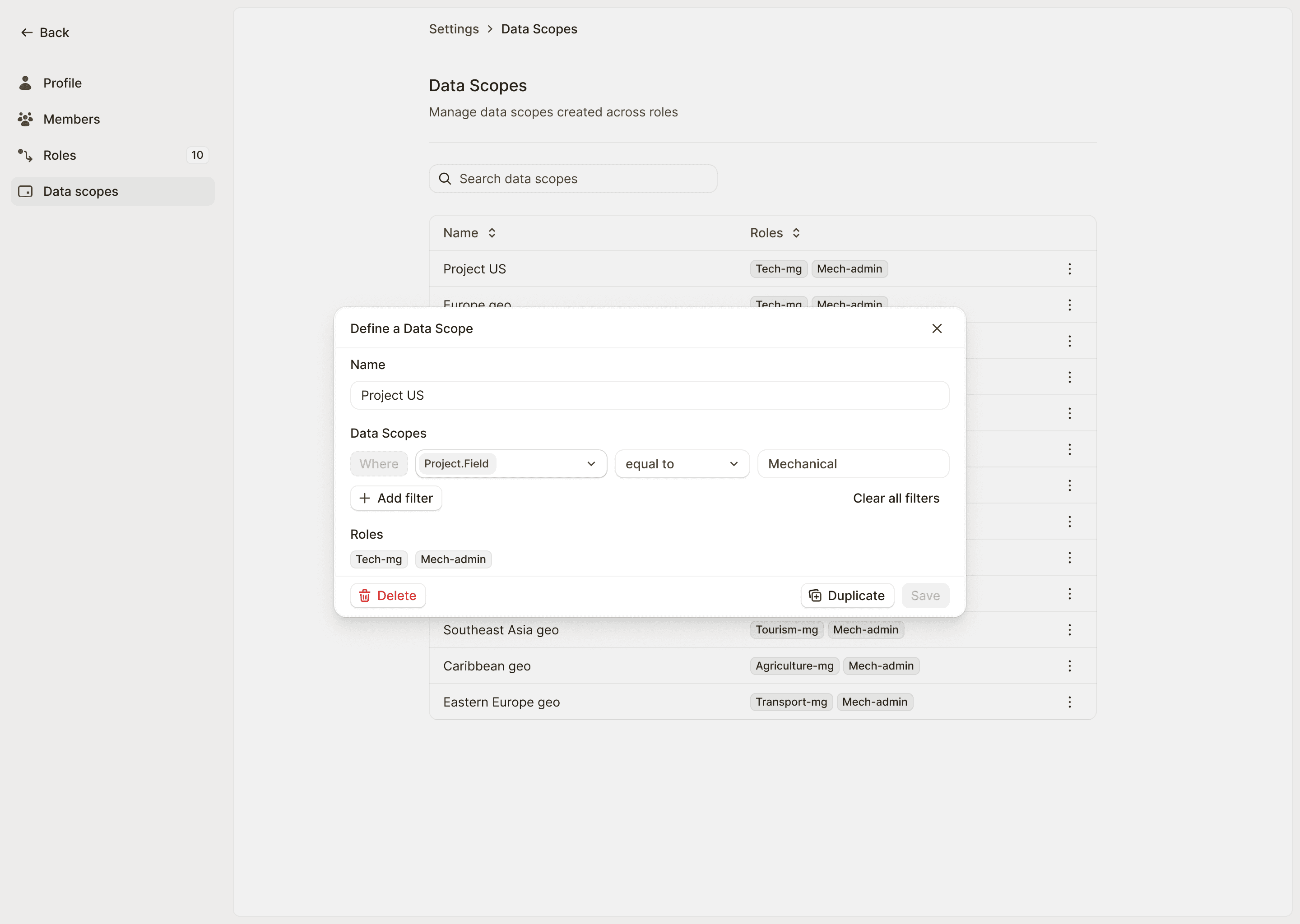 The data scope editor: a named scope built from a field, an operator and a value, with the roles it applies to listed underneath.