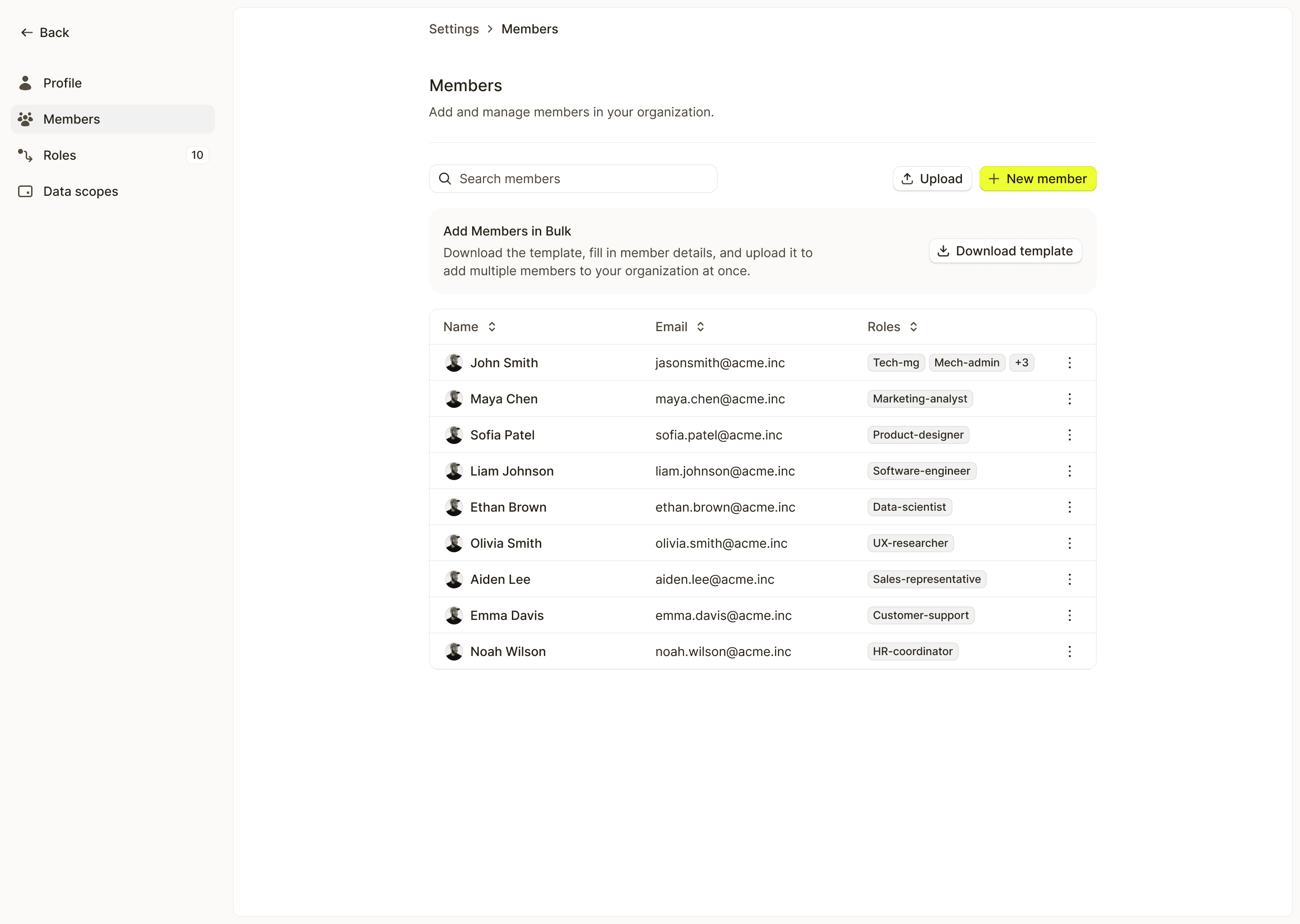 The members table, each person carrying the roles that decide what they can see, with a bulk upload for setting up an organisation at once.