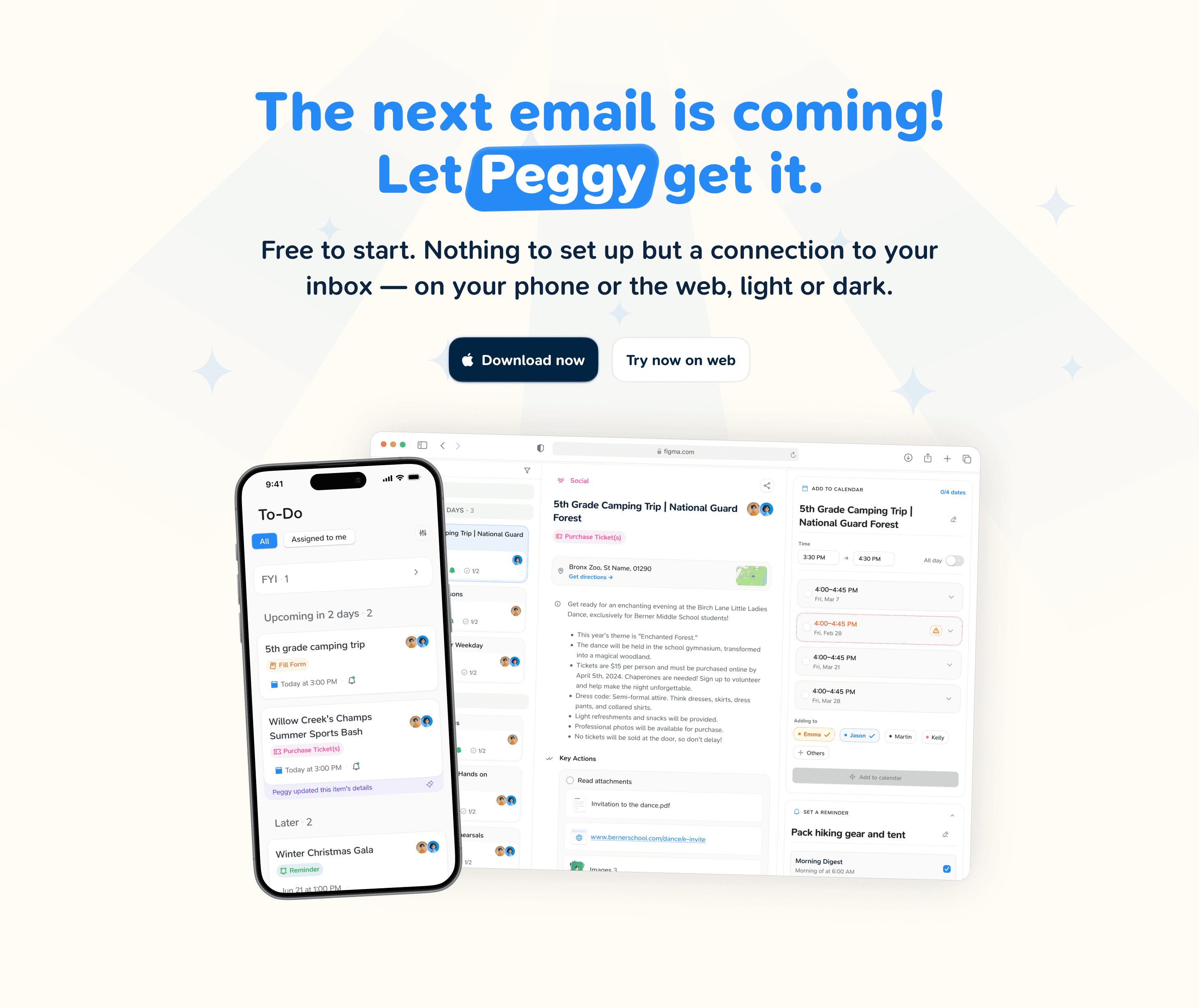 The top of the marketing site: the next email is coming, let Peggy get it, with the app and the web view below.