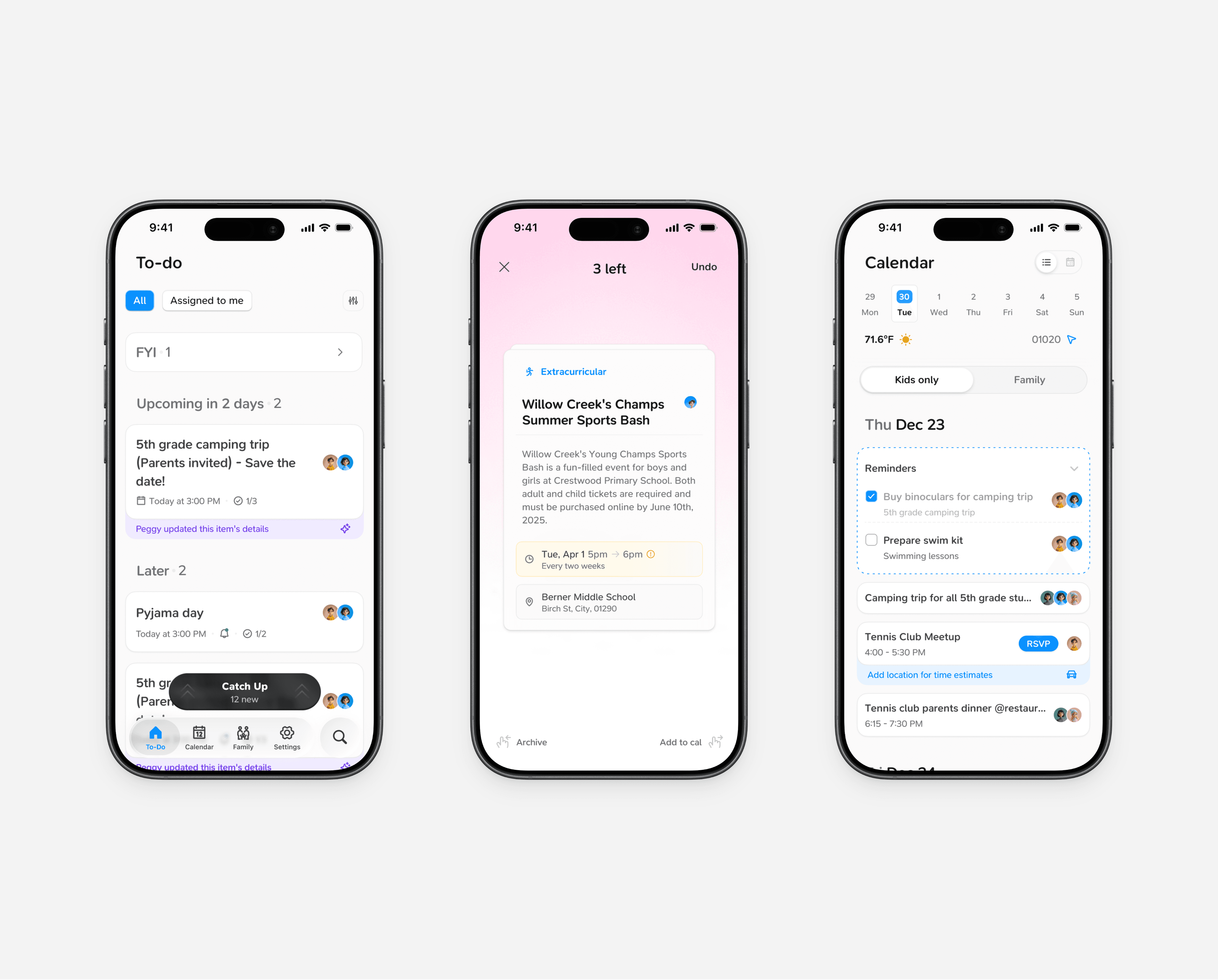 Three Peggy screens: the to-do list grouped by urgency, an activity card leading with its action, and the family calendar.