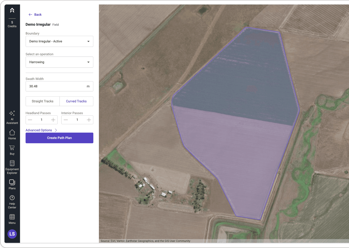 The previous setup screen: boundary, operation, swath width, track type and headland passes stacked as one long form.