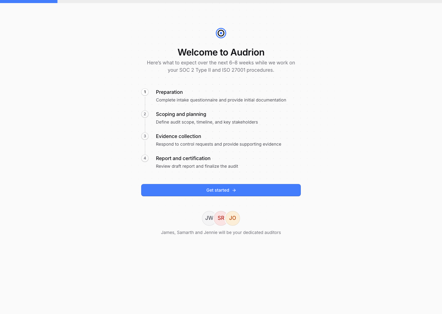 Audrion client portal prototype: Welcome